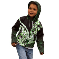 Green Black Aloha Hawaii Kid Hoodie Polynesian Shark Tattoo Plumeria