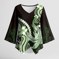 Green Black Aloha Hawaii Kimono Sleeve Blouse Polynesian Shark Tattoo Plumeria