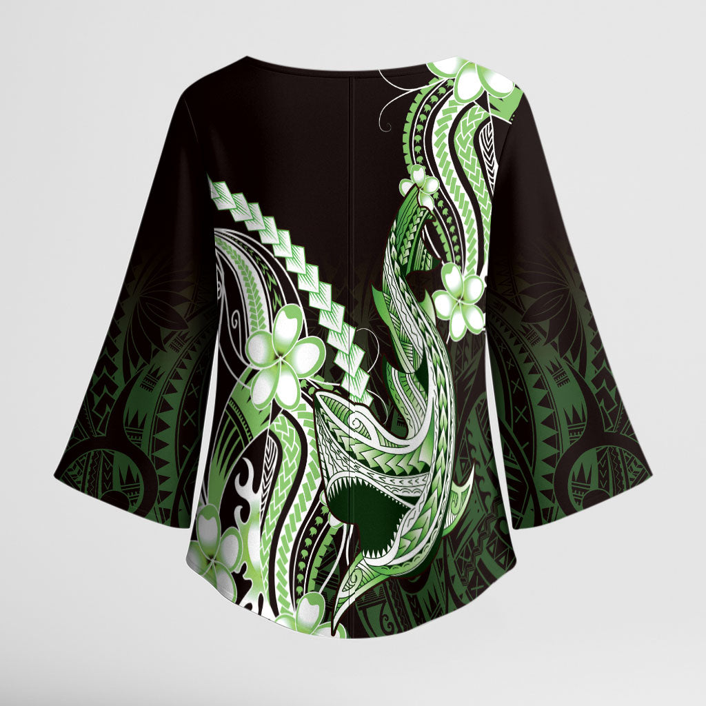 Green Black Aloha Hawaii Kimono Sleeve Blouse Polynesian Shark Tattoo Plumeria
