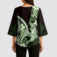 Green Black Aloha Hawaii Kimono Sleeve Blouse Polynesian Shark Tattoo Plumeria
