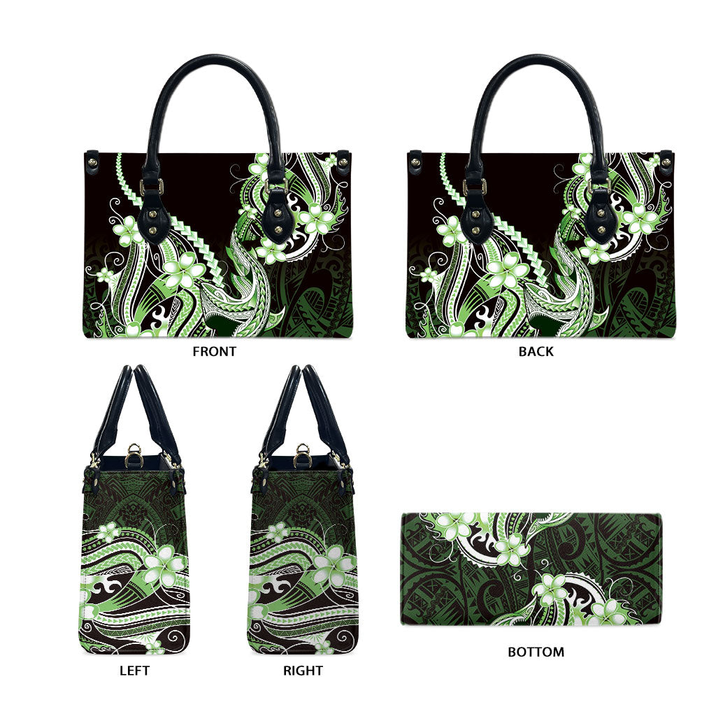 Green Black Aloha Hawaii Leather Bag Polynesian Shark Tattoo Plumeria