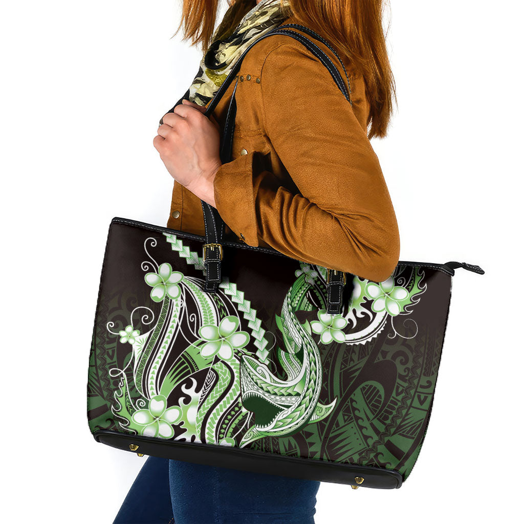 Green Black Aloha Hawaii Leather Tote Bag Polynesian Shark Tattoo Plumeria