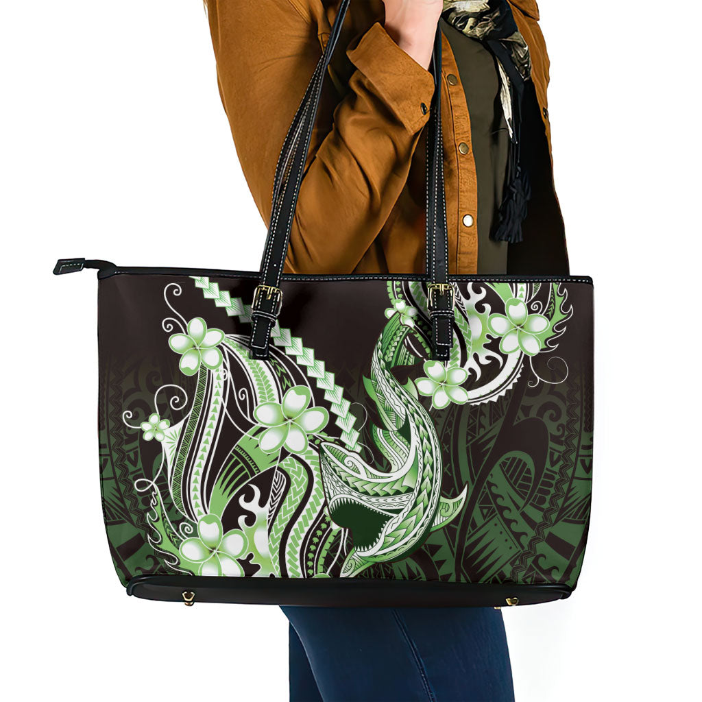 Green Black Aloha Hawaii Leather Tote Bag Polynesian Shark Tattoo Plumeria