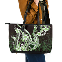 Green Black Aloha Hawaii Leather Tote Bag Polynesian Shark Tattoo Plumeria