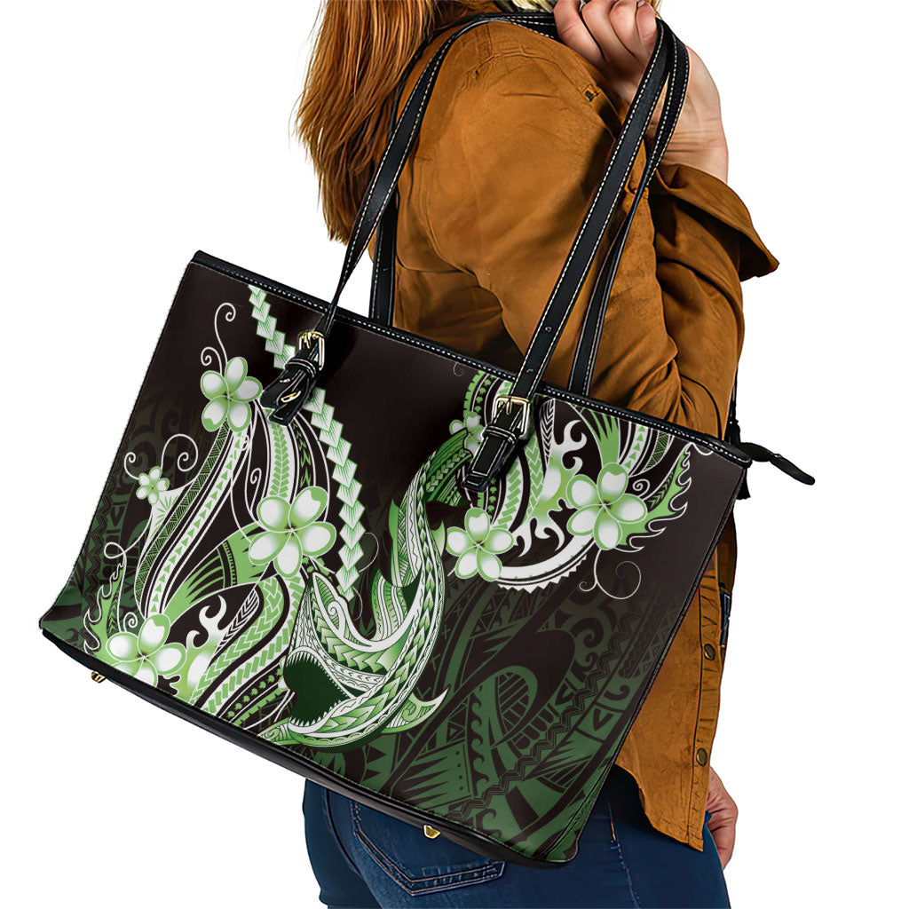 Green Black Aloha Hawaii Leather Tote Bag Polynesian Shark Tattoo Plumeria