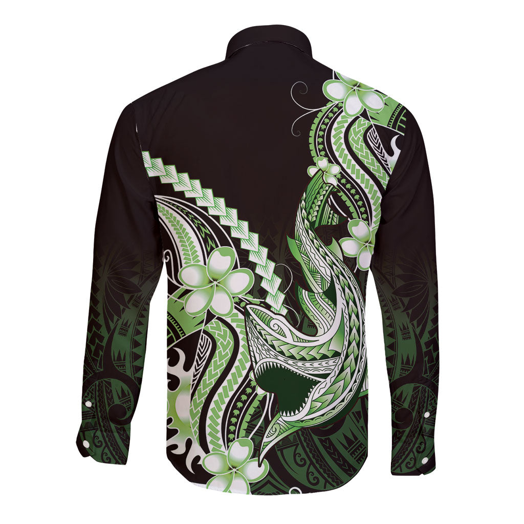 Green Black Aloha Hawaii Long Sleeve Button Shirt Polynesian Shark Tattoo Plumeria