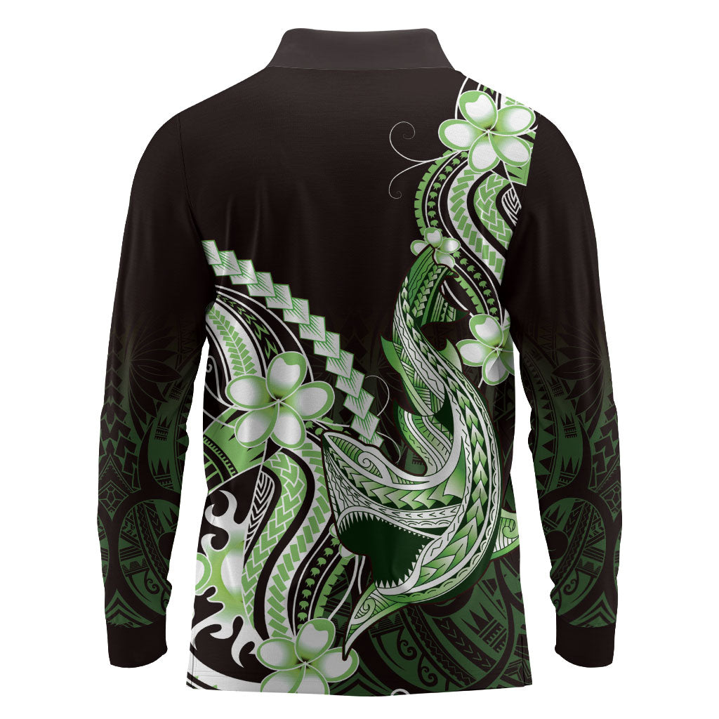 Green Black Aloha Hawaii Long Sleeve Polo Shirt Polynesian Shark Tattoo Plumeria