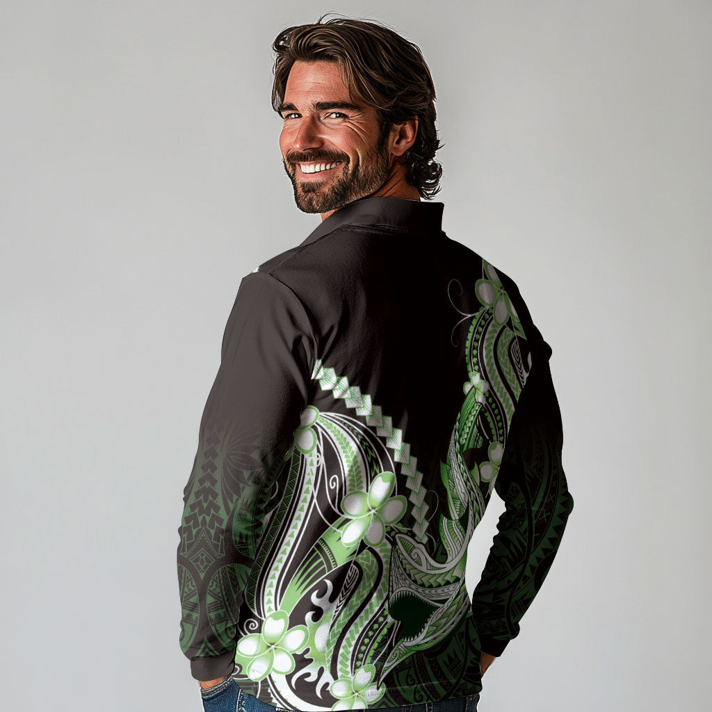 Green Black Aloha Hawaii Long Sleeve Polo Shirt Polynesian Shark Tattoo Plumeria
