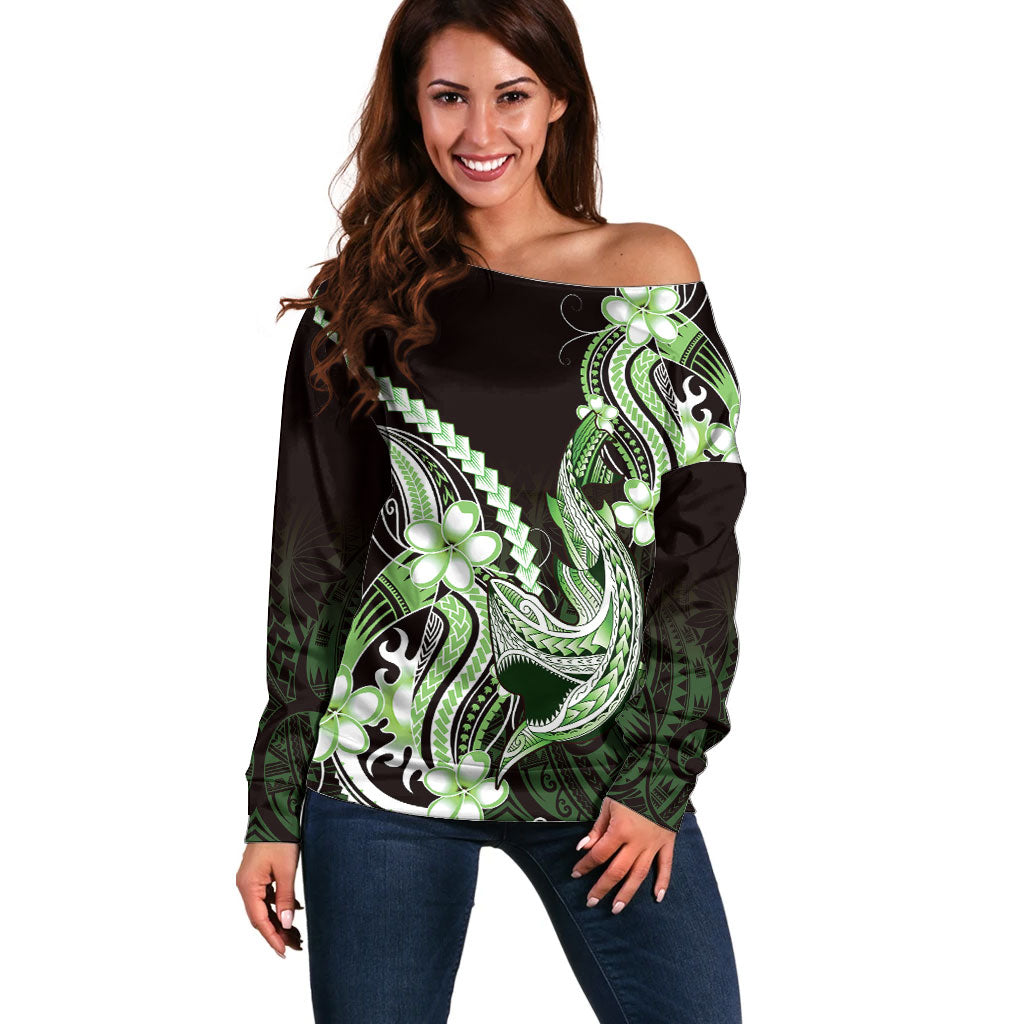 Green Black Aloha Hawaii Off Shoulder Sweater Polynesian Shark Tattoo Plumeria