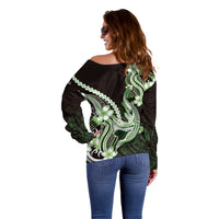 Green Black Aloha Hawaii Off Shoulder Sweater Polynesian Shark Tattoo Plumeria