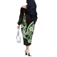 Green Black Aloha Hawaii Off The Shoulder Long Sleeve Dress Polynesian Shark Tattoo Plumeria