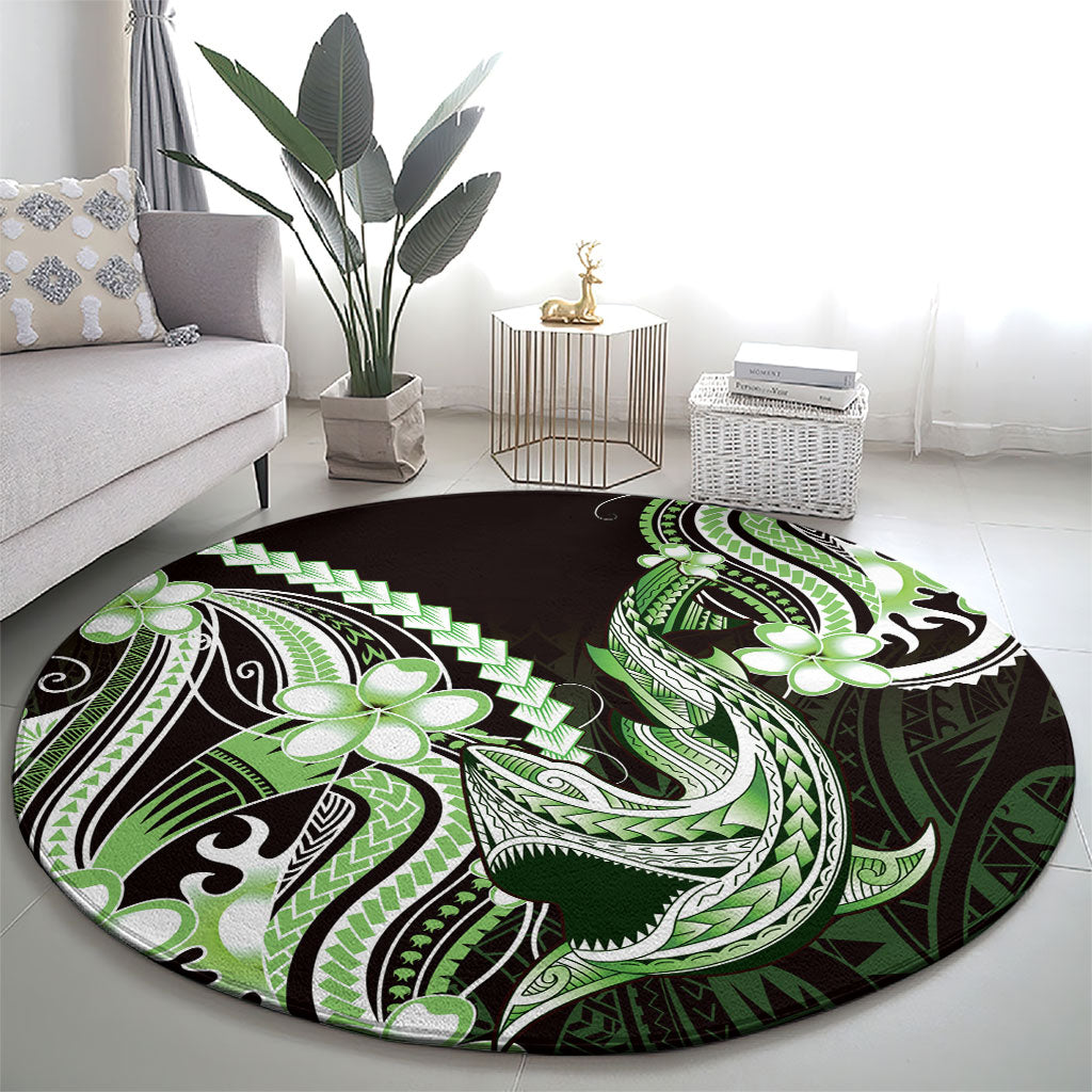 Green Black Aloha Hawaii Round Carpet Polynesian Shark Tattoo Plumeria