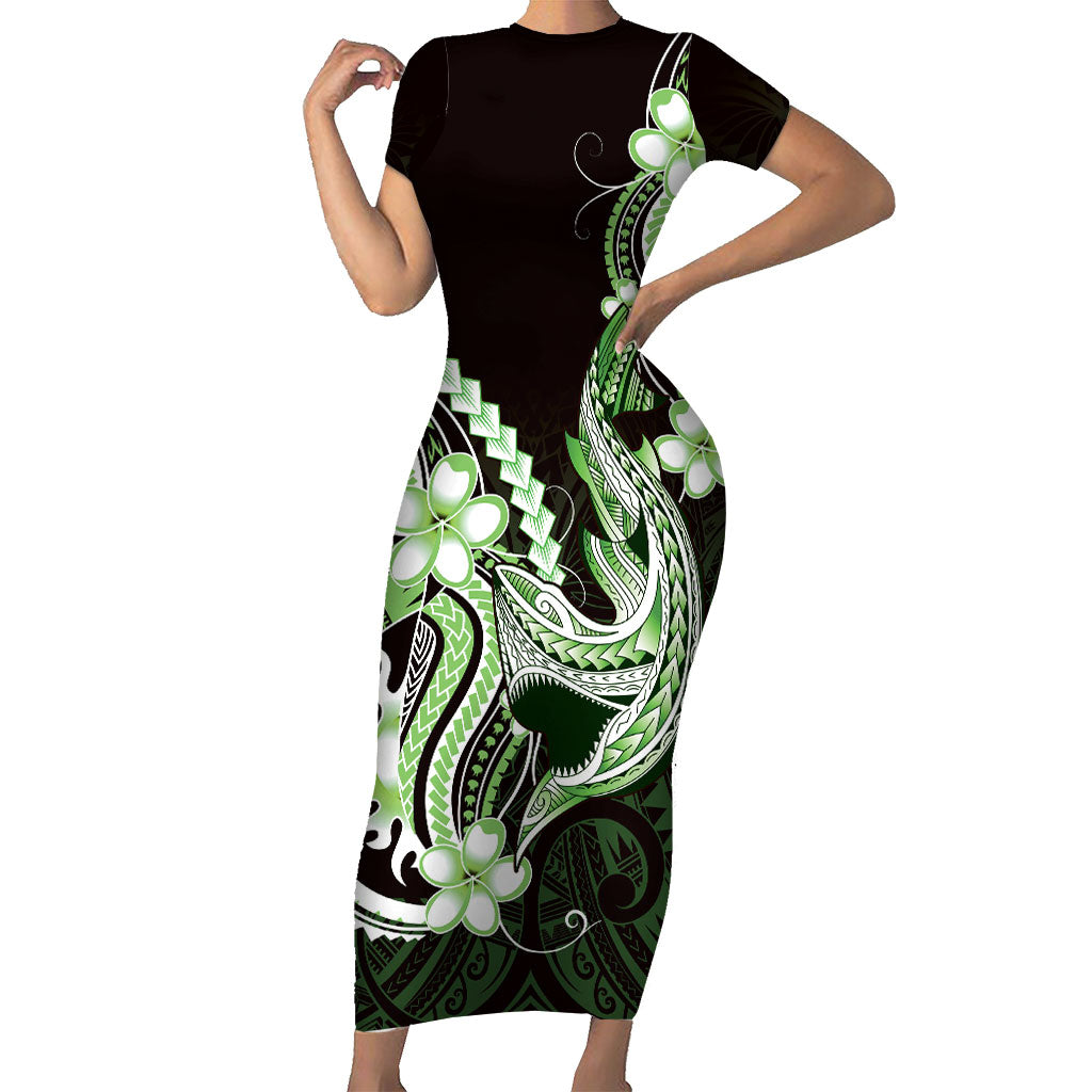 Green Black Aloha Hawaii Short Sleeve Bodycon Dress Polynesian Shark Tattoo Plumeria