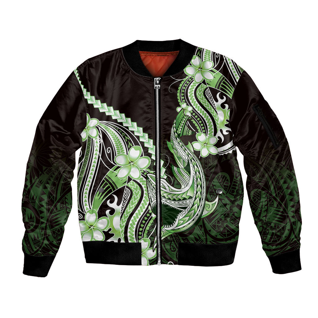 Green Black Aloha Hawaii Sleeve Zip Bomber Jacket Polynesian Shark Tattoo Plumeria