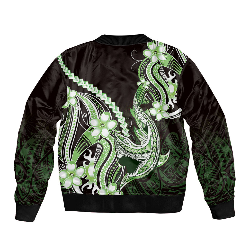 Green Black Aloha Hawaii Sleeve Zip Bomber Jacket Polynesian Shark Tattoo Plumeria