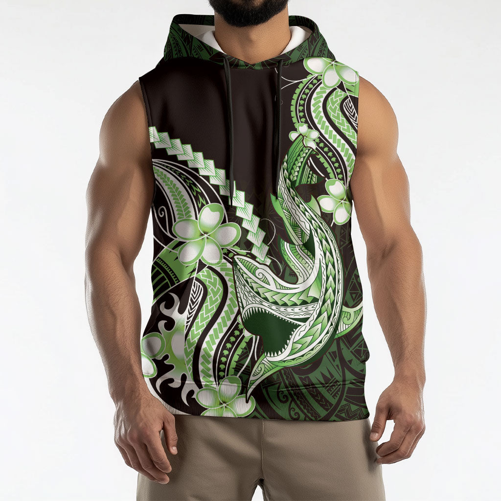 Green Black Aloha Hawaii Sleeveless Hoodie Polynesian Shark Tattoo Plumeria