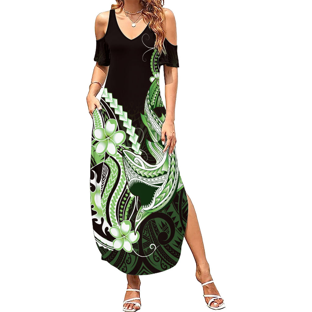 Green Black Aloha Hawaii Summer Maxi Dress Polynesian Shark Tattoo Plumeria