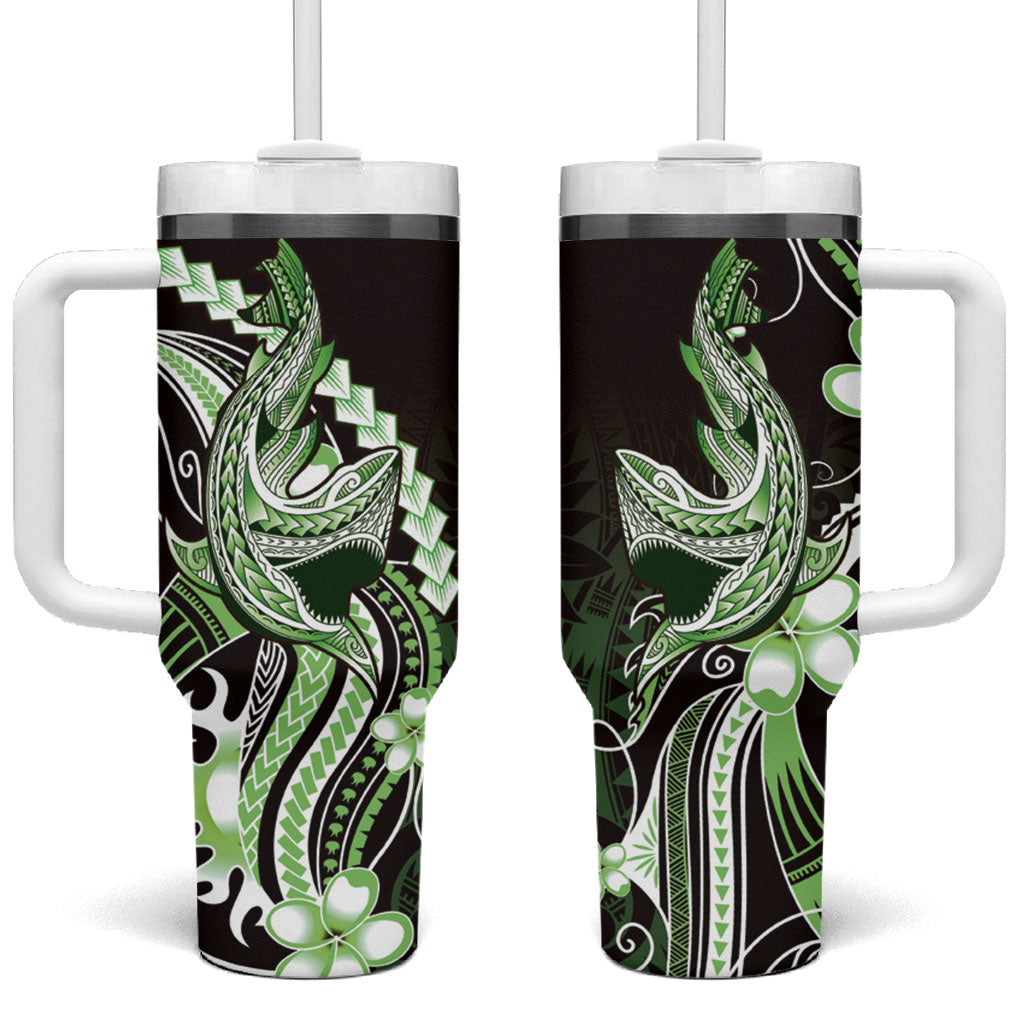 Green Black Aloha Hawaii Tumbler With Handle Polynesian Shark Tattoo Plumeria
