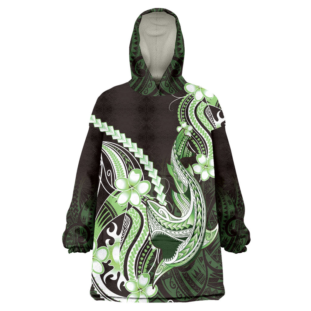Green Black Aloha Hawaii Wearable Blanket Hoodie Polynesian Shark Tattoo Plumeria