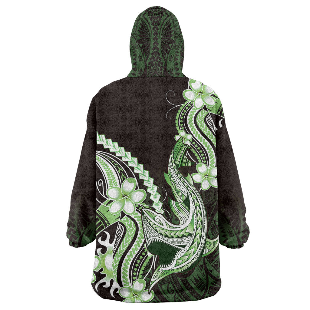 Green Black Aloha Hawaii Wearable Blanket Hoodie Polynesian Shark Tattoo Plumeria