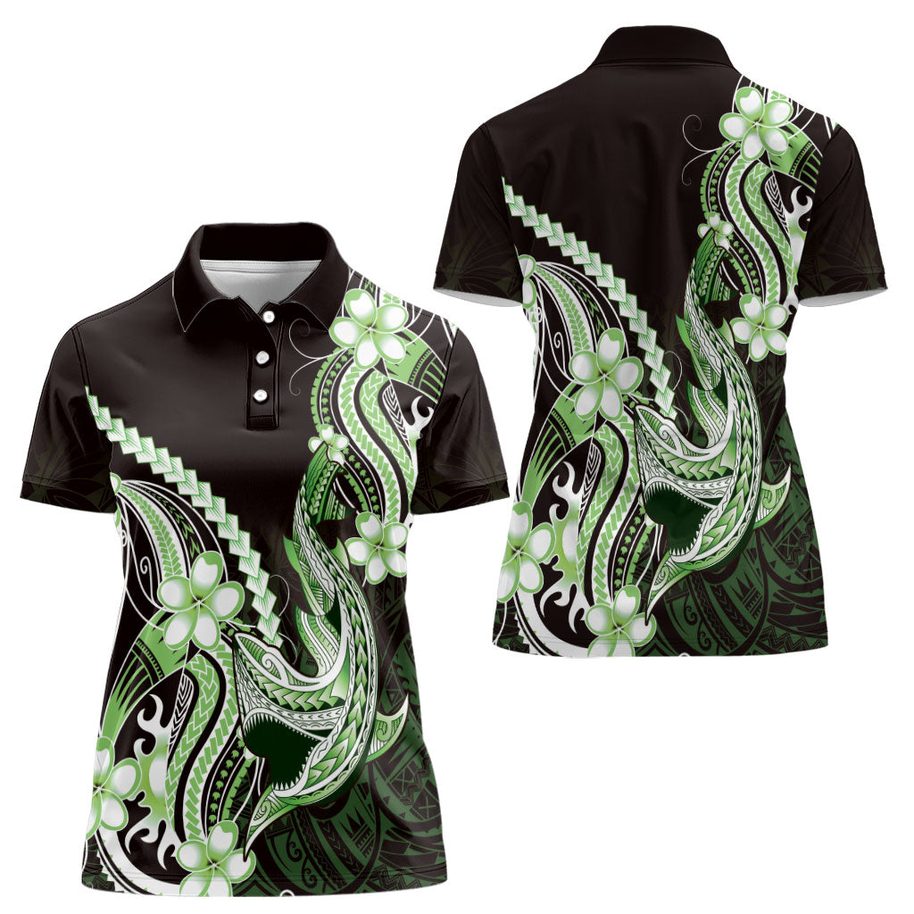Green Black Aloha Hawaii Women Polo Shirt Polynesian Shark Tattoo Plumeria