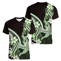 Green Black Aloha Hawaii Women V-Neck T-Shirt Polynesian Shark Tattoo Plumeria