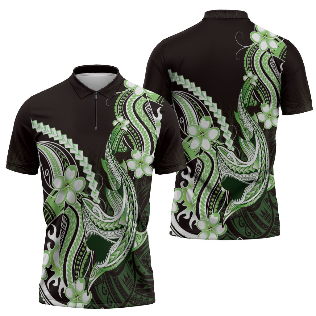 Green Black Aloha Hawaii Zipper Polo Shirt Polynesian Shark Tattoo Plumeria