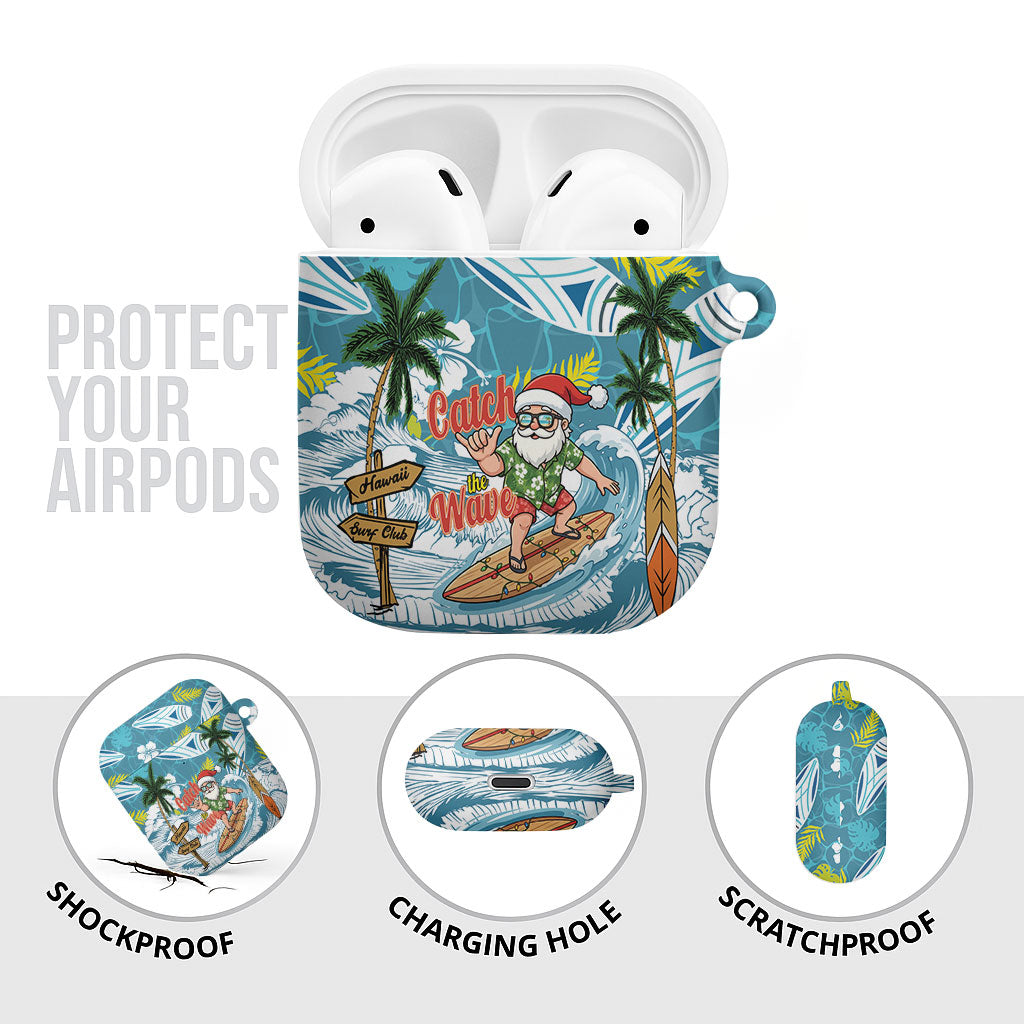 Hawaii Summer Christmas AirPods Case Surfing Santa Shaka Catch The Wave