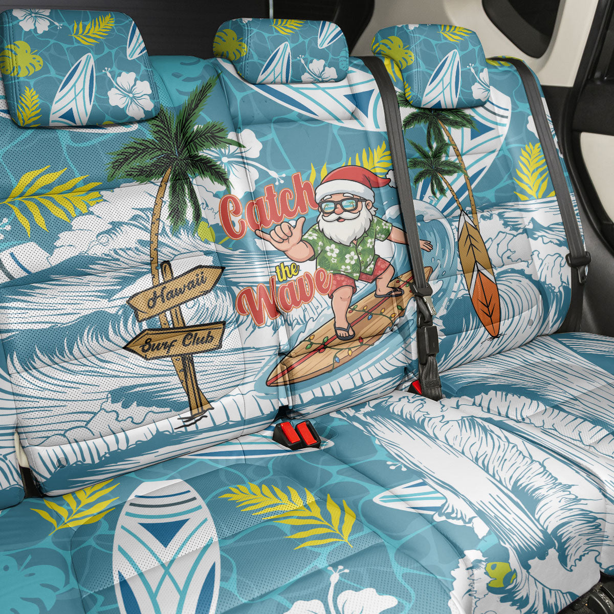 Hawaii Summer Christmas Back Car Seat Cover Surfing Santa Shaka Catch The Wave