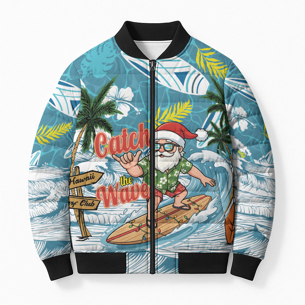 Hawaii Summer Christmas Bomber Puffer Jacket Surfing Santa Shaka Catch The Wave LT14 Unisex Teal - Polynesian Pride