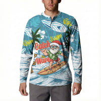 Hawaii Summer Christmas Button Sweatshirt Surfing Santa Shaka Catch The Wave