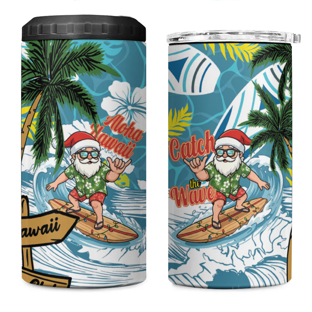 Hawaii Summer Christmas 4 in 1 Can Cooler Tumbler Surfing Santa Shaka Catch The Wave