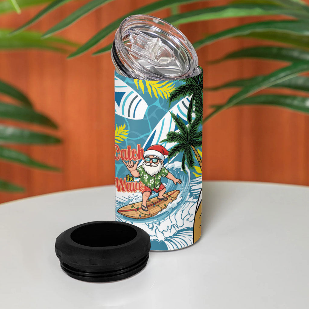 Hawaii Summer Christmas 4 in 1 Can Cooler Tumbler Surfing Santa Shaka Catch The Wave