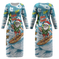 Hawaii Summer Christmas Couples Matching Long Sleeve Bodycon Dress and Long Sleeve Button Shirt Surfing Santa Shaka Catch The Wave LT14 - Polynesian Pride