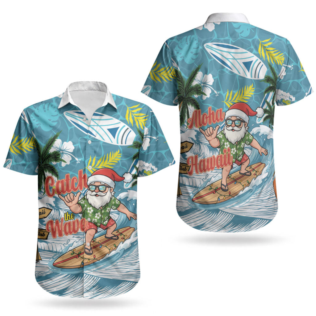 Hawaii Summer Christmas Couples Matching Off Shoulder Short Dress and Hawaiian Shirt Surfing Santa Shaka Catch The Wave LT14 - Polynesian Pride