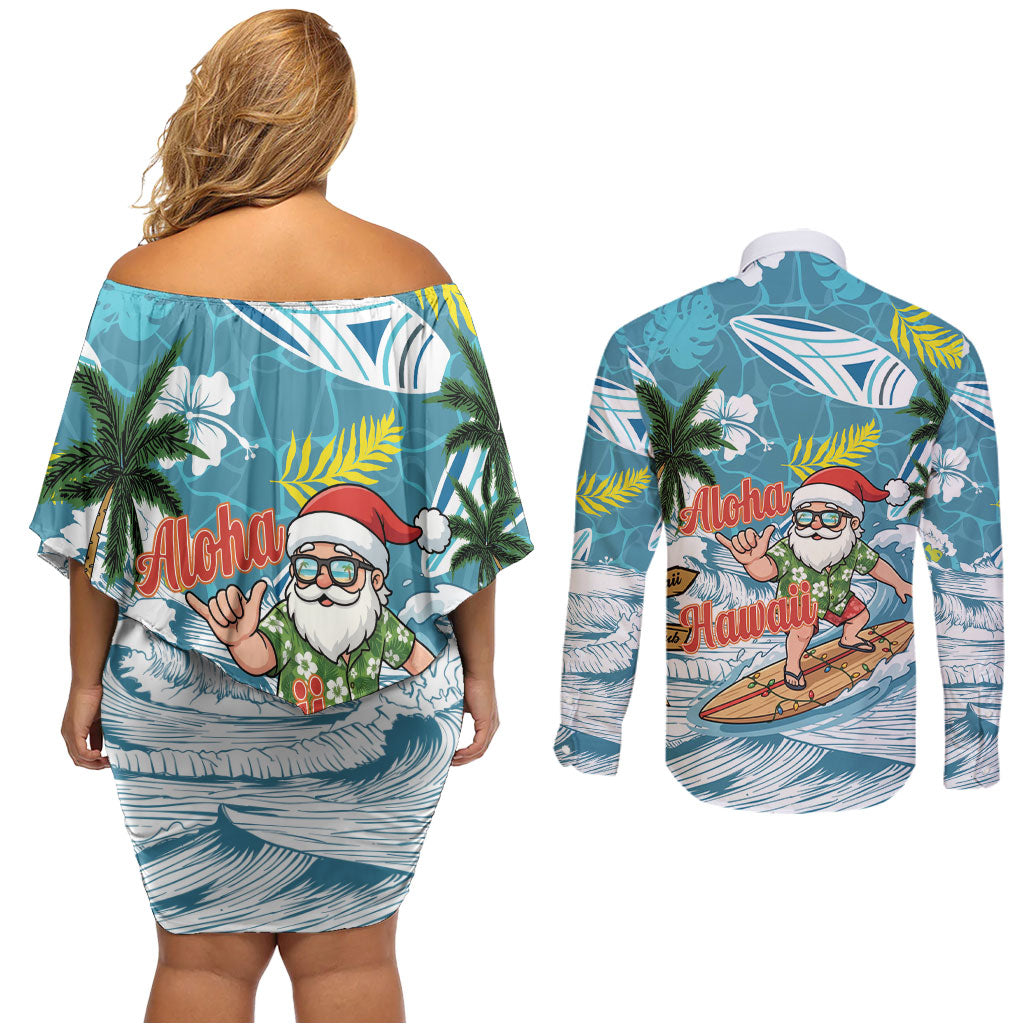 Hawaii Summer Christmas Couples Matching Off Shoulder Short Dress and Long Sleeve Button Shirt Surfing Santa Shaka Catch The Wave