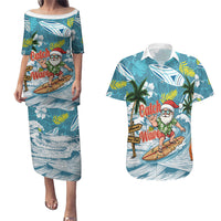Hawaii Summer Christmas Couples Matching Puletasi and Hawaiian Shirt Surfing Santa Shaka Catch The Wave