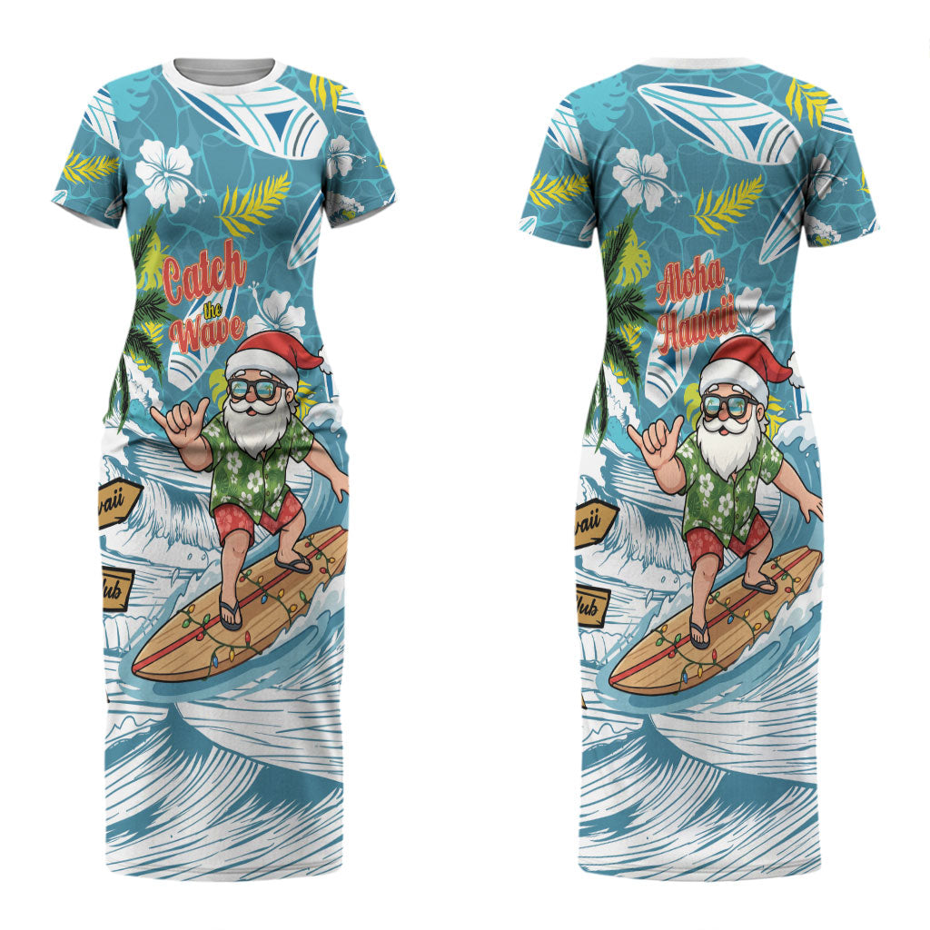 Hawaii Summer Christmas Couples Matching Short Sleeve Bodycon Dress and Long Sleeve Button Shirt Surfing Santa Shaka Catch The Wave LT14 - Polynesian Pride