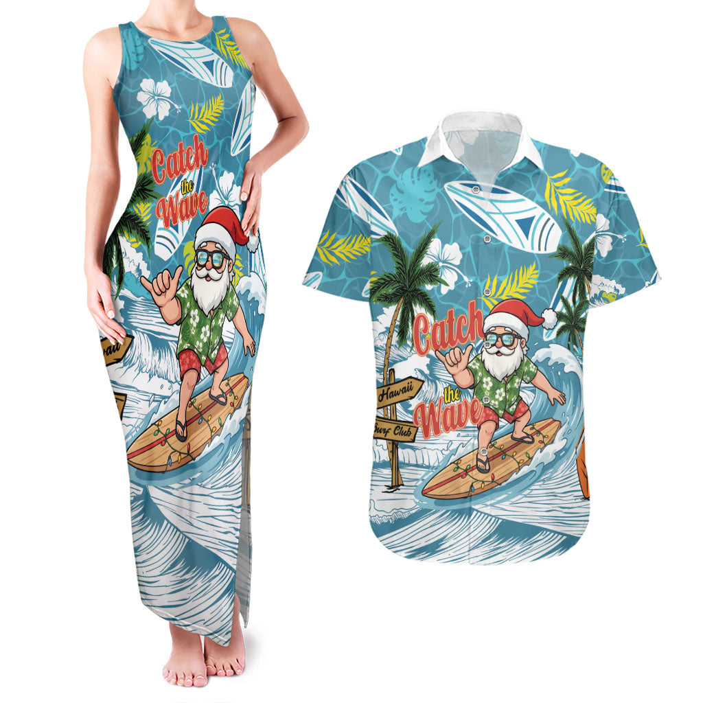 Hawaii Summer Christmas Couples Matching Tank Maxi Dress and Hawaiian Shirt Surfing Santa Shaka Catch The Wave