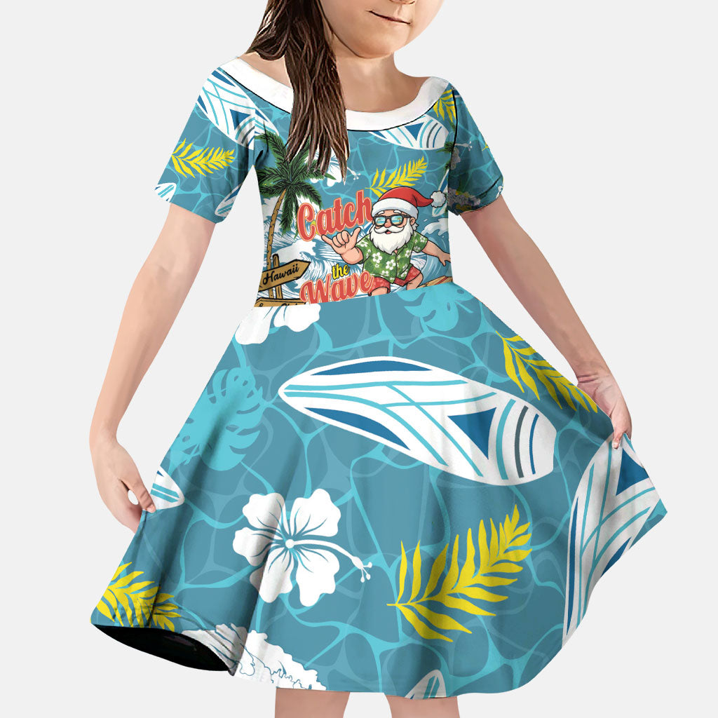 Hawaii Summer Christmas Family Matching Off The Shoulder Long Sleeve Dress and Hawaiian Shirt Surfing Santa Shaka Catch The Wave LT14 Daughter's Dress Teal - Polynesian Pride