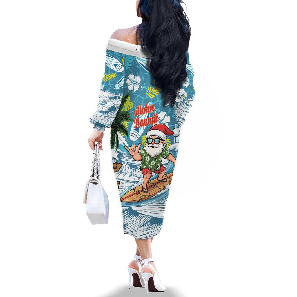 Hawaii Summer Christmas Family Matching Off The Shoulder Long Sleeve Dress and Hawaiian Shirt Surfing Santa Shaka Catch The Wave LT14 - Polynesian Pride