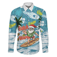 Hawaii Summer Christmas Family Matching Off Shoulder Short Dress and Hawaiian Shirt Surfing Santa Shaka Catch The Wave LT14 Dad's Shirt - Long Sleeve Teal - Polynesian Pride