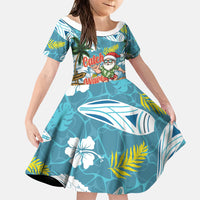 Hawaii Summer Christmas Family Matching Short Sleeve Bodycon Dress and Hawaiian Shirt Surfing Santa Shaka Catch The Wave LT14 Daughter's Dress Teal - Polynesian Pride