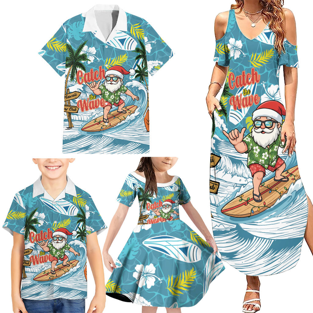Hawaii Summer Christmas Family Matching Summer Maxi Dress and Hawaiian Shirt Surfing Santa Shaka Catch The Wave