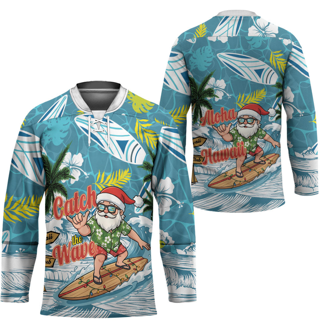 Hawaii Summer Christmas Hockey Jersey Surfing Santa Shaka Catch The Wave
