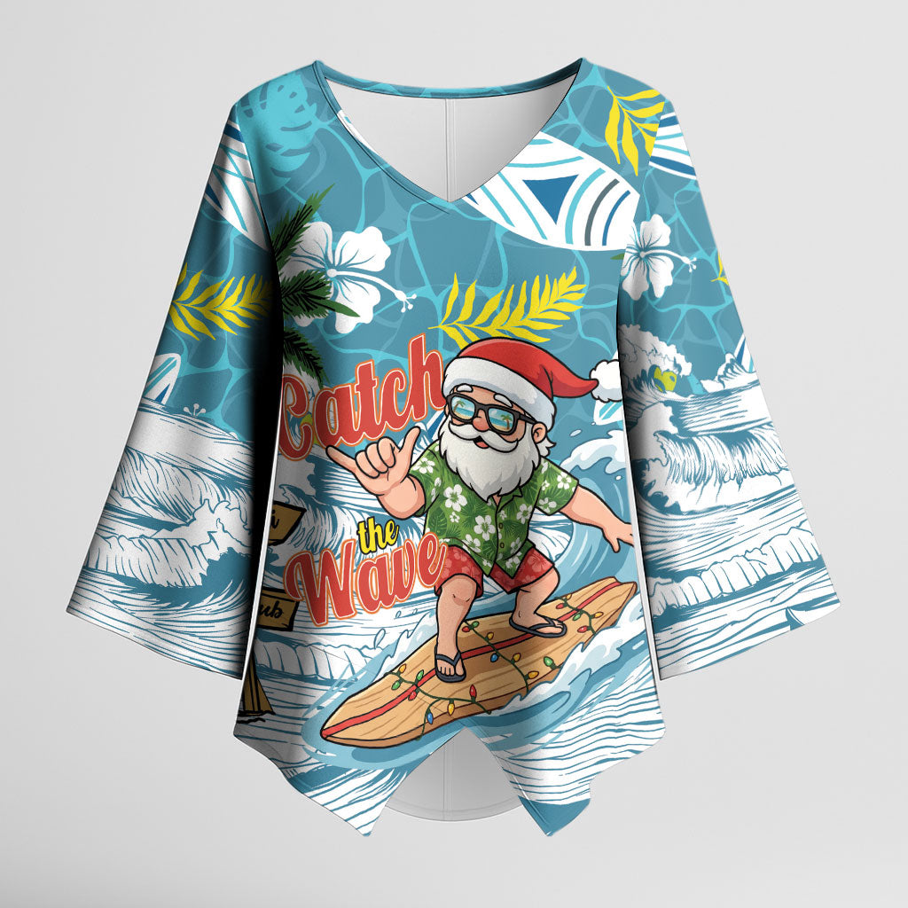 Hawaii Summer Christmas Kimono Sleeve Blouse Surfing Santa Shaka Catch The Wave