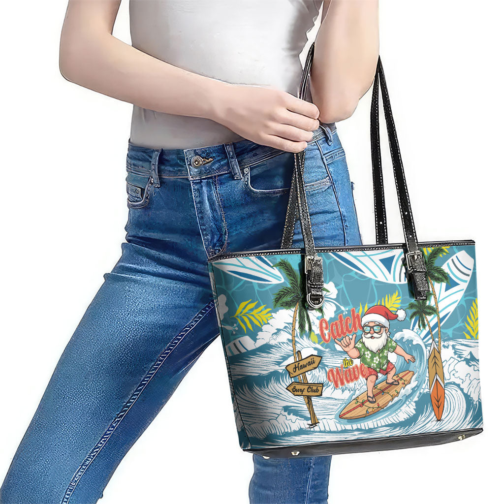 Hawaii Summer Christmas Leather Tote Bag Surfing Santa Shaka Catch The Wave