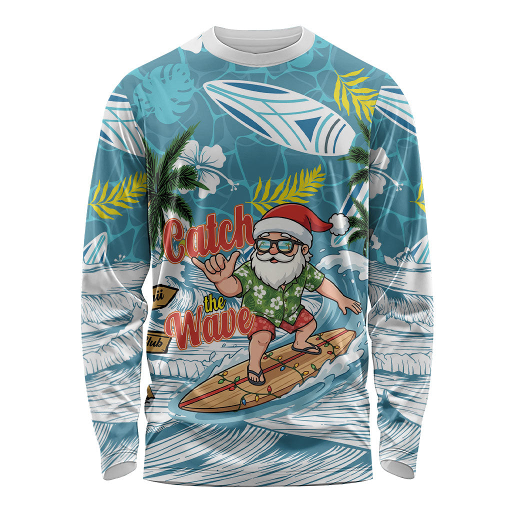 Hawaii Summer Christmas Long Sleeve Shirt Surfing Santa Shaka Catch The Wave