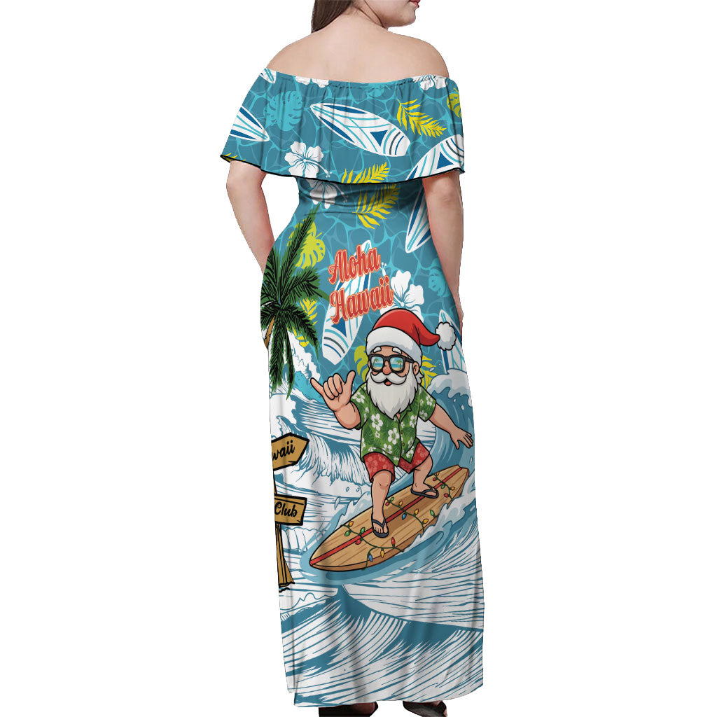 Hawaii Summer Christmas Off Shoulder Maxi Dress Surfing Santa Shaka Catch The Wave