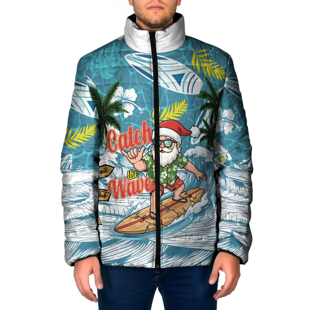Hawaii Summer Christmas Padded Jacket Surfing Santa Shaka Catch The Wave LT14 Men Teal - Polynesian Pride